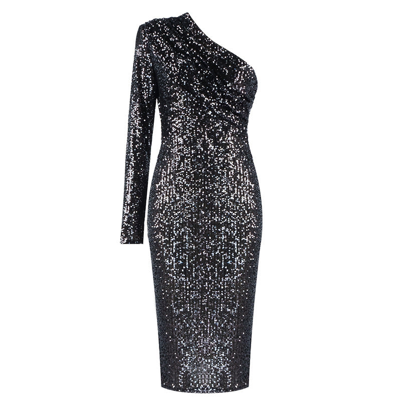 ✨ One-Shoulder Sequin Evening Dress – Oblique Collar, Wrapped Chest, & Sexy Style ✨