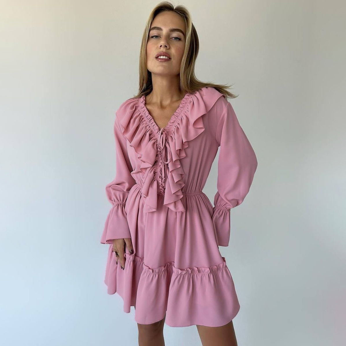 ✨ Y2K V-Neck Pleated Ruffle Flared Sleeve Dress – Trendy & Bold