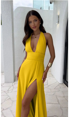 🌟 Sexy Halterneck V-Neck Slit Dress | Summer Backless Strappy Style for Fashion-Forward Women!