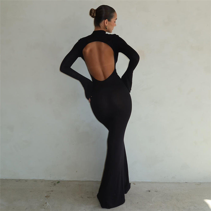 ✨ Women's Fashion Round Neck Long Sleeve Backless Dress – Sleek & Sexy