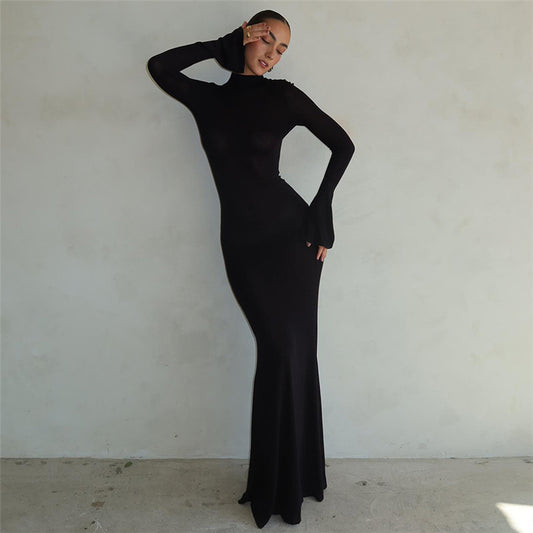 ✨ Women's Fashion Round Neck Long Sleeve Backless Dress – Sleek & Sexy